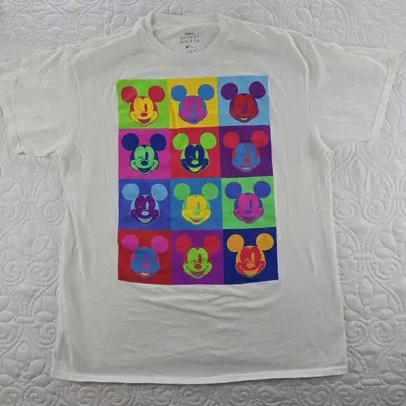 Disney Mickey Mouse Pop Art Graphic Tee White Colorful Grid Shirt Size Large