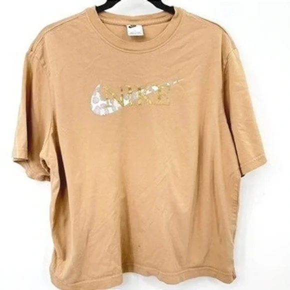 Nike Swoosh Boxy Tee Women L Tan Animal Print Logo Streetwear Sporty Retro