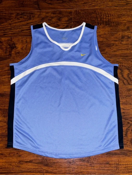 Nike Dri-FIT Tank Top Sky Blue White Trim Navy Panels Jersey Style Scoop Neck