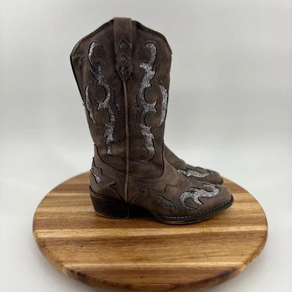 Jessica Cline Lansing Girls Brown Glitter Western Cowboy Boots Size 5M