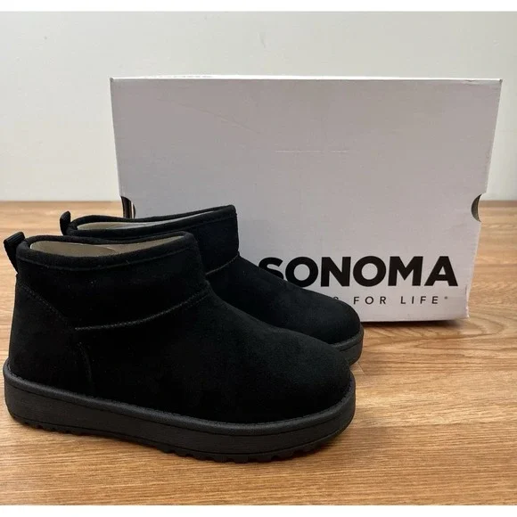 Sonoma Kazz Youth Girls Size 1 Micro Fiber Ankle Boots Faux Fur Lined BlackNEW
