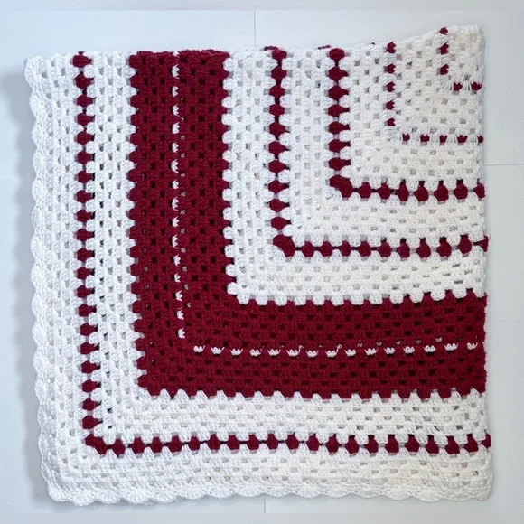 Deep Red White Crochet Afghan Handmade Dark Romance Cottage Farm Core Farmhouse