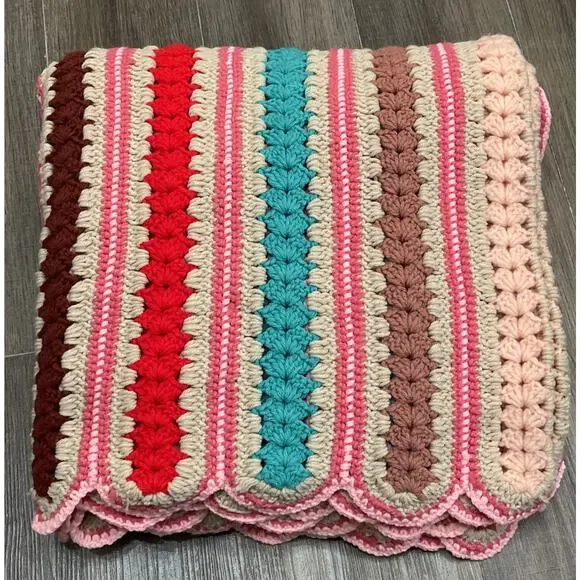 VTG 70s Handmade Crochet Afghan Blanket Striped Pink Retro Boho 65 X 79