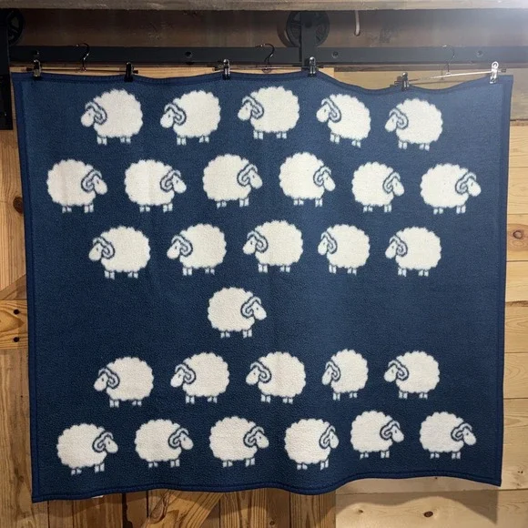 VTG BIEDERLACK BLANKET SHEEP REVERSABLE BLUE WHITE LAMB SMALL THROW 45 X 53
