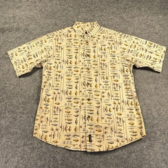 VTG Woolrich Shirt Mens Medium Beige Freshwater Fishing‎ Short Sleeve Print