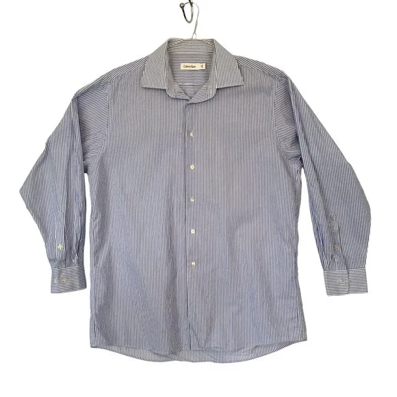 Calvin Klein Mens Blue White Pin Striped Dress Shirt, Button‎ Front 16 32/33