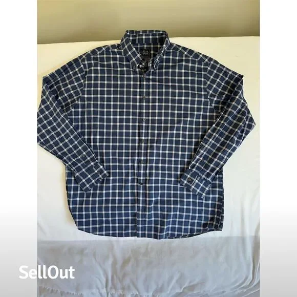 Jos. A. Bank Men's XL Navy plaid Button-Down Shirt Long Sleeve Travel Tech