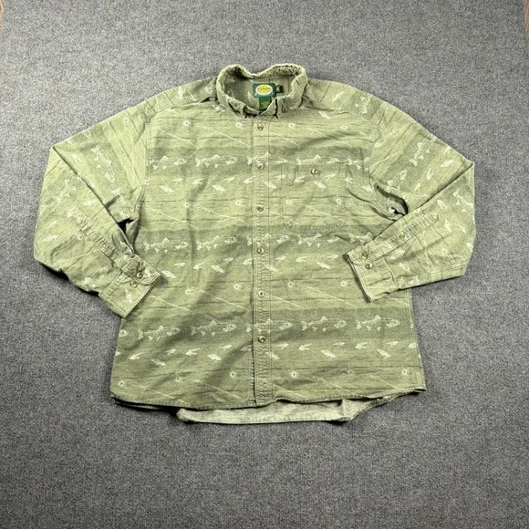 Cabelas Fishing Shirt Green Trout Fly Rod Mens XL Cotton Button Up Made in Peru