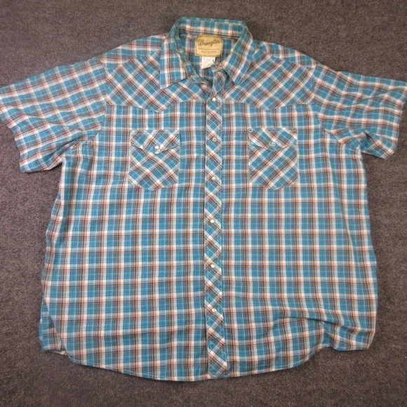 Wrangler Shirt Mens Big 2XL Blue Plaid‎ Short Sleeve Western Pearl Snap Pockets