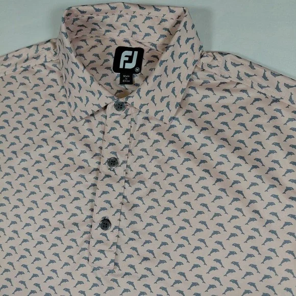 Footjoy FJ Mens Golf Polo Shirt M Pink Dolphin Print Short Sleeve Collared