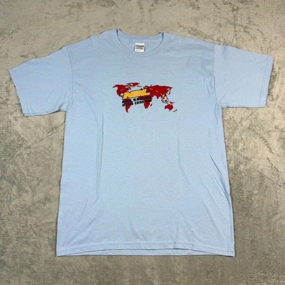 Vintage Mens Large T-Shirt NBL BMX Racing Beijing China 2008 Light Blue Graphic