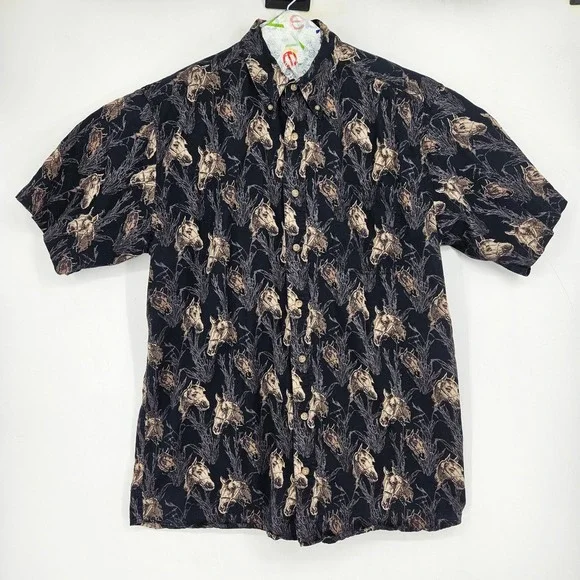 Bit & Bridle Shirt Mens XLT Black Western Horses All Over Button Short Sleeve