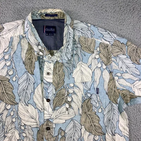 Jack O'Neill Hawaiian Shirt Men XL Coastal Linen Tropical Leaf Print Blue Tan