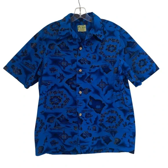 Ui Maikai Hawaiian Shirt VTG Men's Medium‎ Blue Island Map Print Aloha Button Up