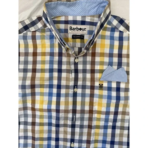Barbour Tailored Fit Mens S Blue Multicolor Plaid Short Sleeve Button Up Shirt