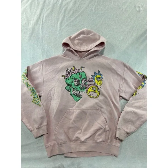 Rick and Morty Adult Swim Pink Graphic Hoodie Skull Sleeve Print Mens Medium
