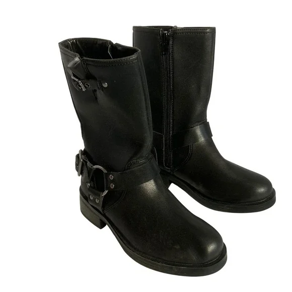 Steve Madden Beckky Black Faux Leather Buckle Moto Biker Boots Size 1‎