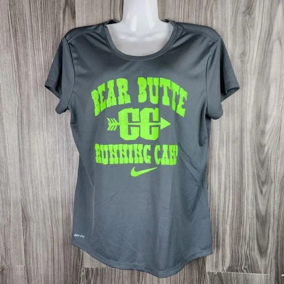 Nike Dri-FIT Womens Bear Butte CC Running Camp Graphic T-Shirt Gray Neon Green M