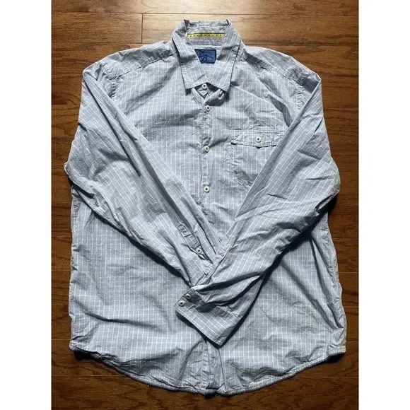 Tommy Bahama Denim Blue Brown White Striped Long Sleeved Button‎ Down