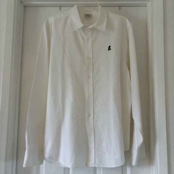 Vintage Disney Store Mickey Chest Logo Long Sleeve Button Down White Cotton Flaw