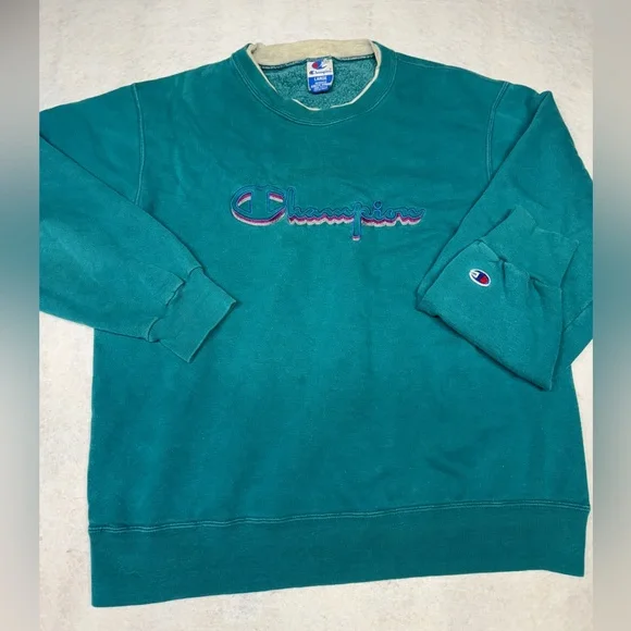 Vintage 90s Men’s Large Teal Champion Spell Out Crewneck‎ Sweatshirt Made In USA