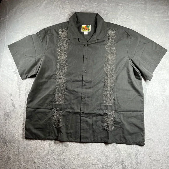 Haband Guayabera Mens 2XL Gray Embroidered Short Sleeve Button Down Shirt