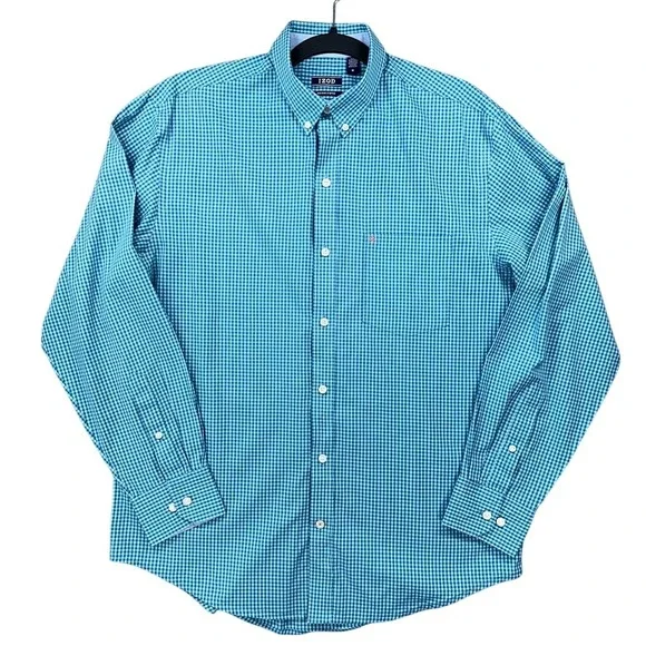 IZOD Button Down Shirt Mens M Blue Teal Gingham Non-Iron Stretch Long Sleeve