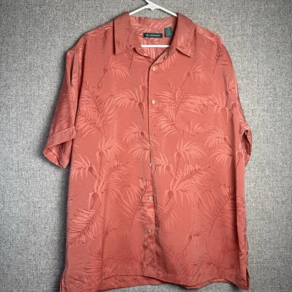 Cubavera Shirt Coral‎ Pink Orange Palm Print Button Up Hawaiian Pocket XL