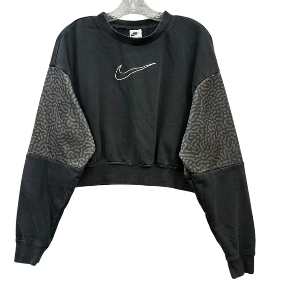 Nike‎ Women Black Crew Neck Cropped Sweatshirt Center Swoosh Athleisure S