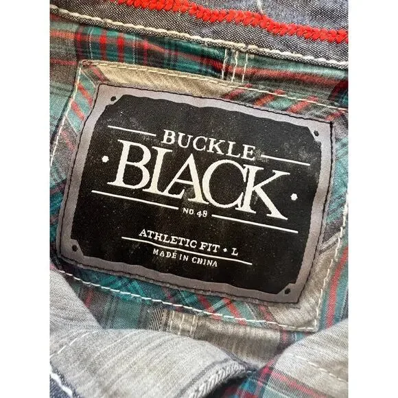 Buckle Black Athletic gray/teal plaid snap down long sleeve shirt., Men's size L