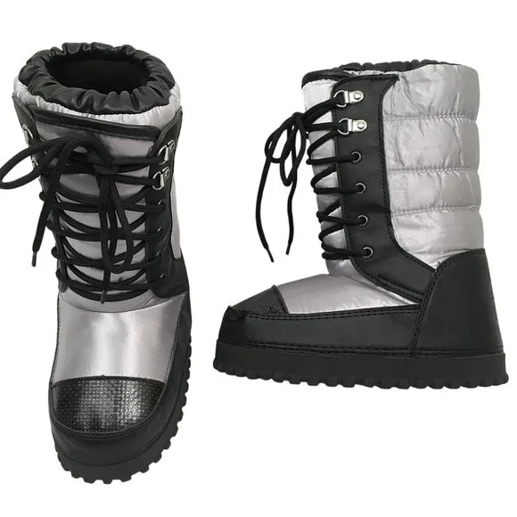 BRAND NEW Polo Ralph Lauren Girl Moon Boots Silver & Black Warm & Comfy Embossed