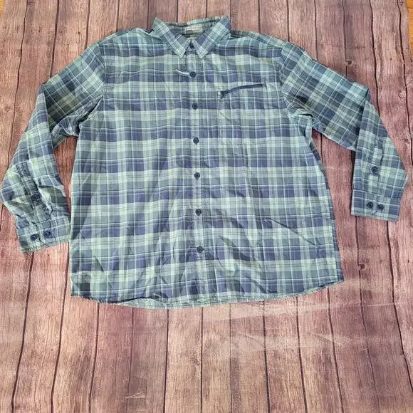 Duluth‎ Button Down Mens 2XL Green Plaid Ridgecrest Wicking UPF50 Odor Blocking