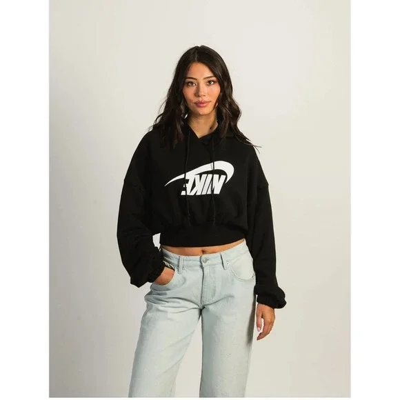 NIKE  Oversized Cropped French Terry Pullover Hoodie Black Size Large