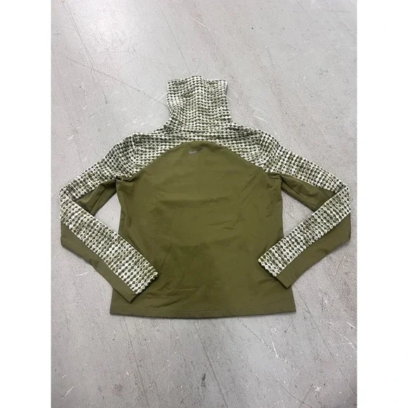 Nike Pro Hyperwarm Top Womens Medium Olive Green Geometric Long Sleeve Mock Neck