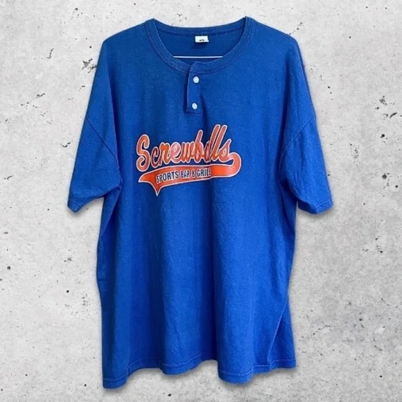 Vintage Russell Athletic Henley Shirt Screwballs Bar Logo Durable Blue Men’s XXL