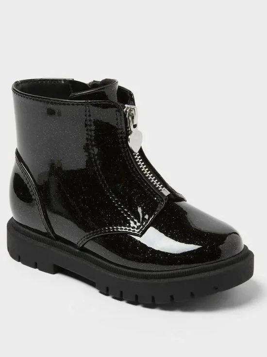Cat & Jack Girls Black Patent Zip-Up Ankle Boots