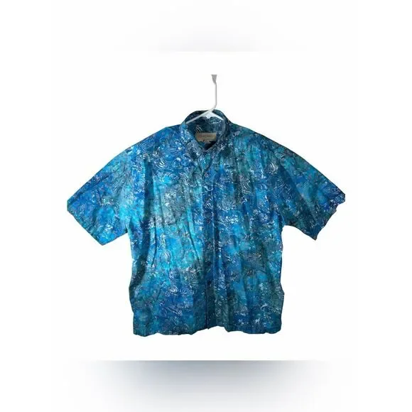 Johari West Button Up Mens XL Blue Fish Short Sleeve
