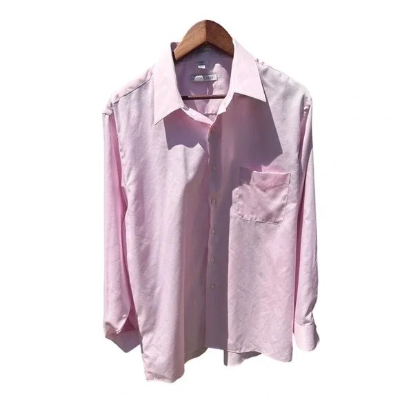 Dress Shirt Mens XL 17 34/35 Pink Sateen Wrinkle Free Long Sleeve GOOD CONDITION