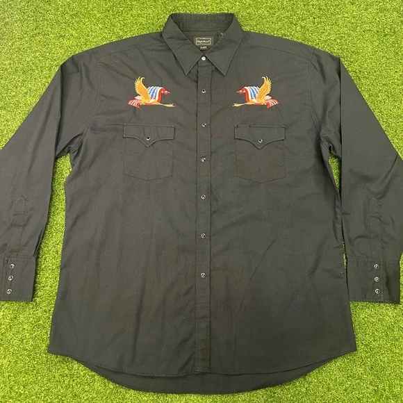 High Noon Mens XL Black Western Pearl Snap Shirt Eagle American Flag Embroidered