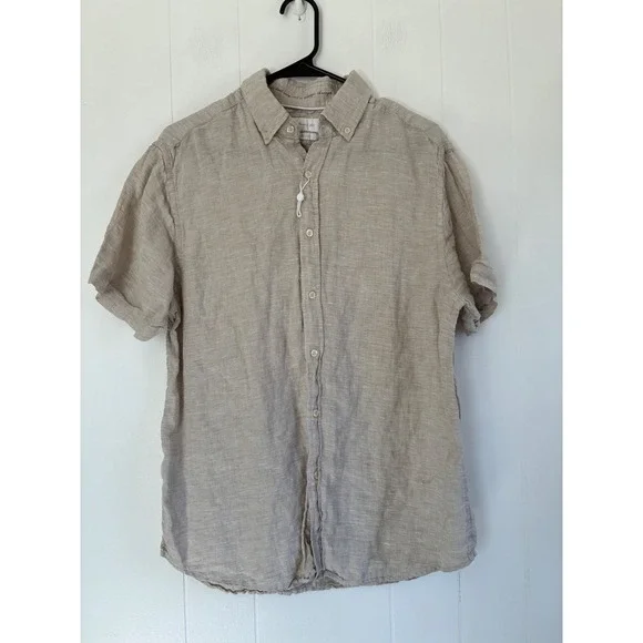 Porter & Ash Mens Tan 100% Linen Short Sleeve Button Down Shirt‎ Resort Wear L