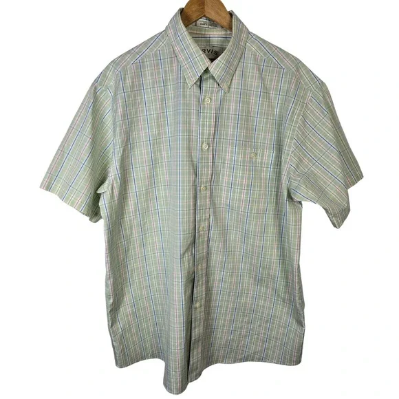 Orvis Mens Short Sleeve‎ Plaid Button Down Shirt Size L Green Pink Blue Check