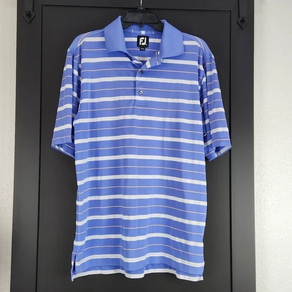 Footjoy Polo Shirt Mens Medium Blue Yellow Golf Golfing Golfer Outdoor Striped