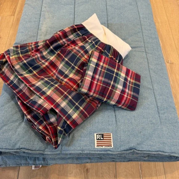VTG Ralph Lauren Denim Comforter Set Blue Jean Flag Logo Plaid Sham/Skirt Queen
