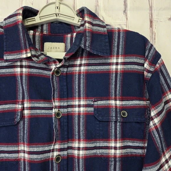 Jachs‎ NY Mens Flannel Shirt Large Navy Blue Red White Plaid Button Down Cotton