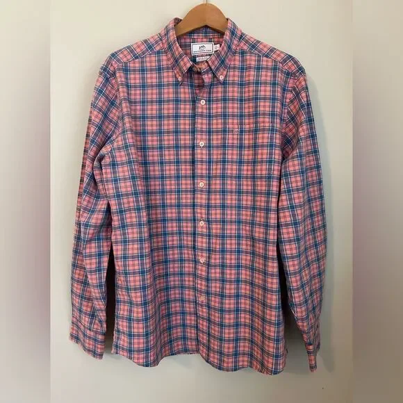 Southern Tide Linen Blend Trim Fit Plaid Button Down Shirt Pink & Blue, Large