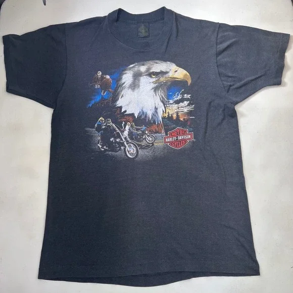 Vtg 1989 Harley Davidson 3D Emblem Eagle Biker T-Shirt XL Black Single Stitch