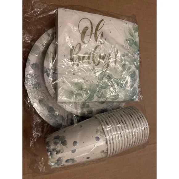 Oh Baby Sage Green Baby Shower Party Paper Plates Cups Napkins 16 Serving 3 Sets