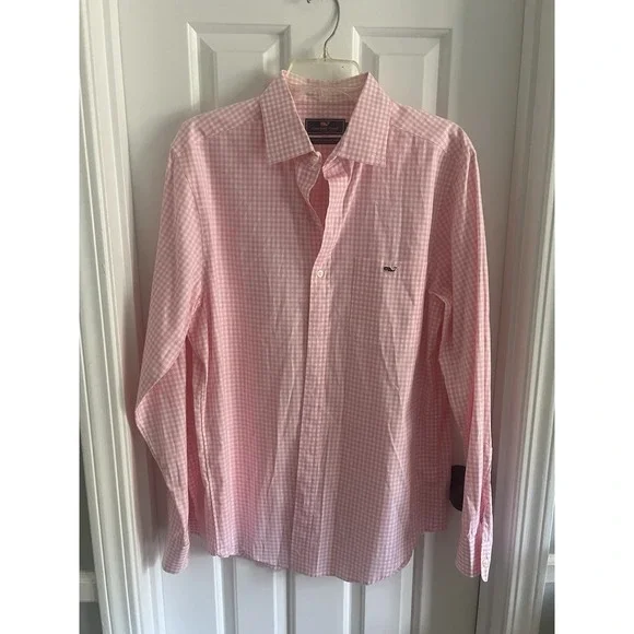 Vineyard Vines Shirt Mens Med‎ Pink Micro Checks Button Up Whale Long Sleeve