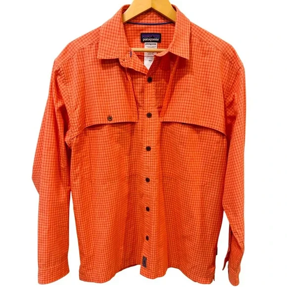 Patagonia Mens Large Orange Plaid Long Sleeve Ventilated Fishing Hiking Shirt L