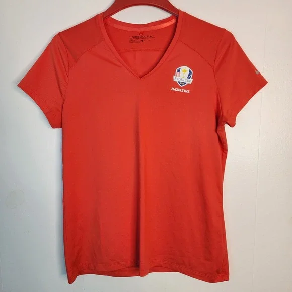 Nike Dri Fit Tee Shirt Golf ‎ Shirt Women's Size Large Red V Neck Ryder Cup 2016